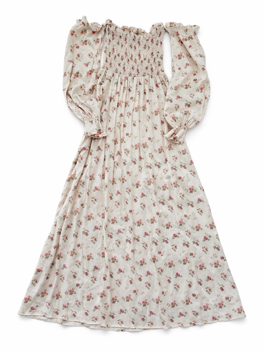 Cottagecore Floral Dress M Balloon Sleeve Smocked Prairie Romantic off shoulder